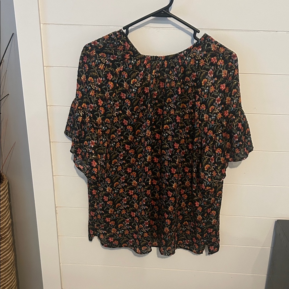 LOFT Black Blouse with Red Floral Design